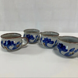 Hand painted Artisan Coffee Mugs Blue Floral Small Set of 4